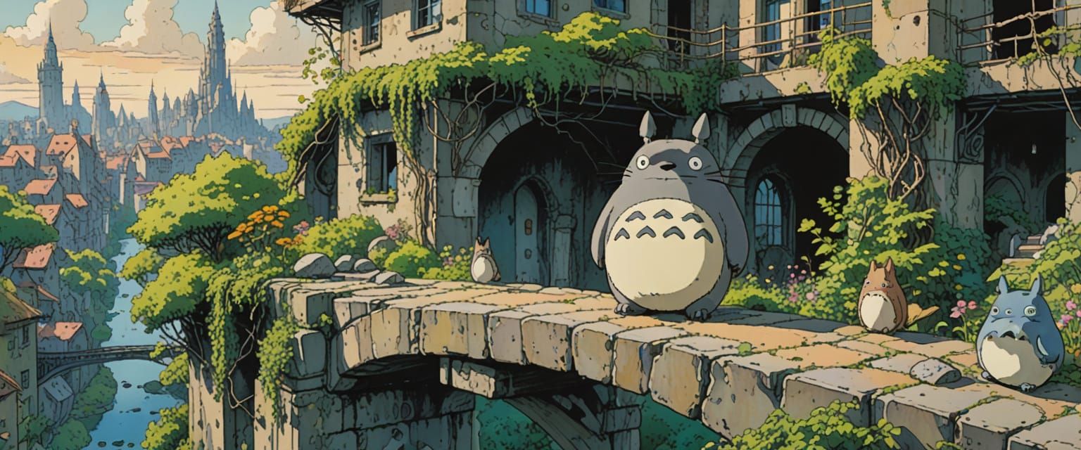 Totoro Overlooking City Ruins in Watercolor Comic Style