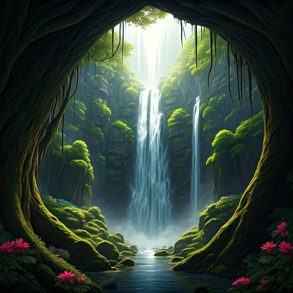 Fantasy Jungle Waterfall Digital Painting