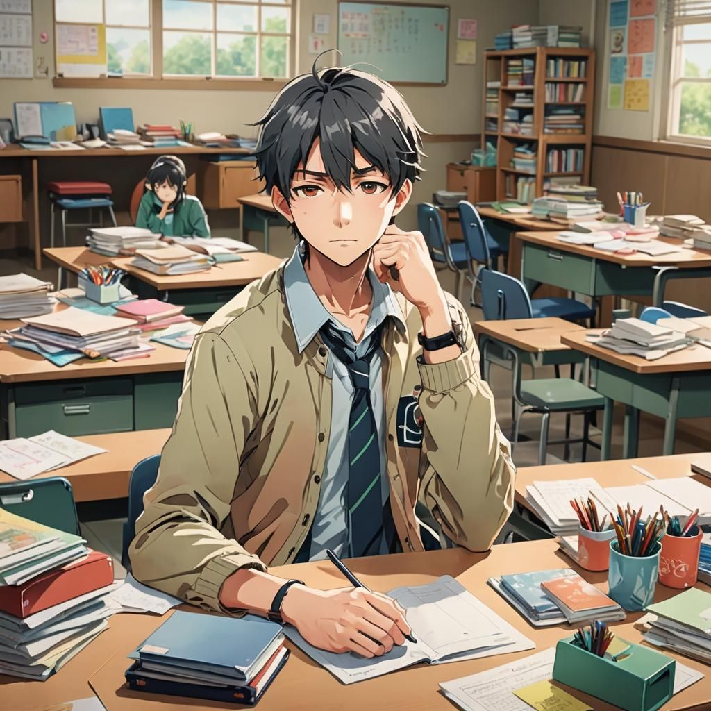 Exhausted Student in Anime Key Visual Style
