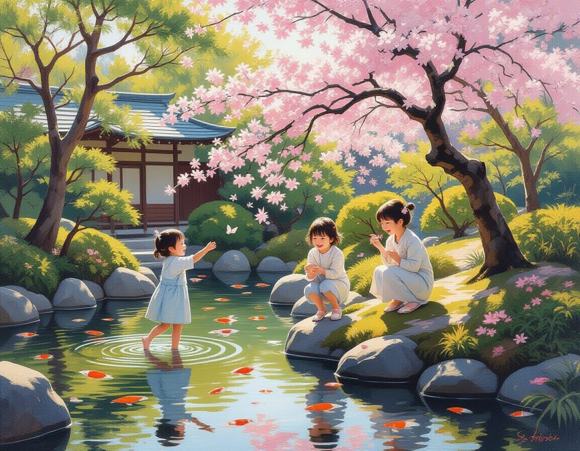 Children Playing in Sun-Dappled Japanese Garden