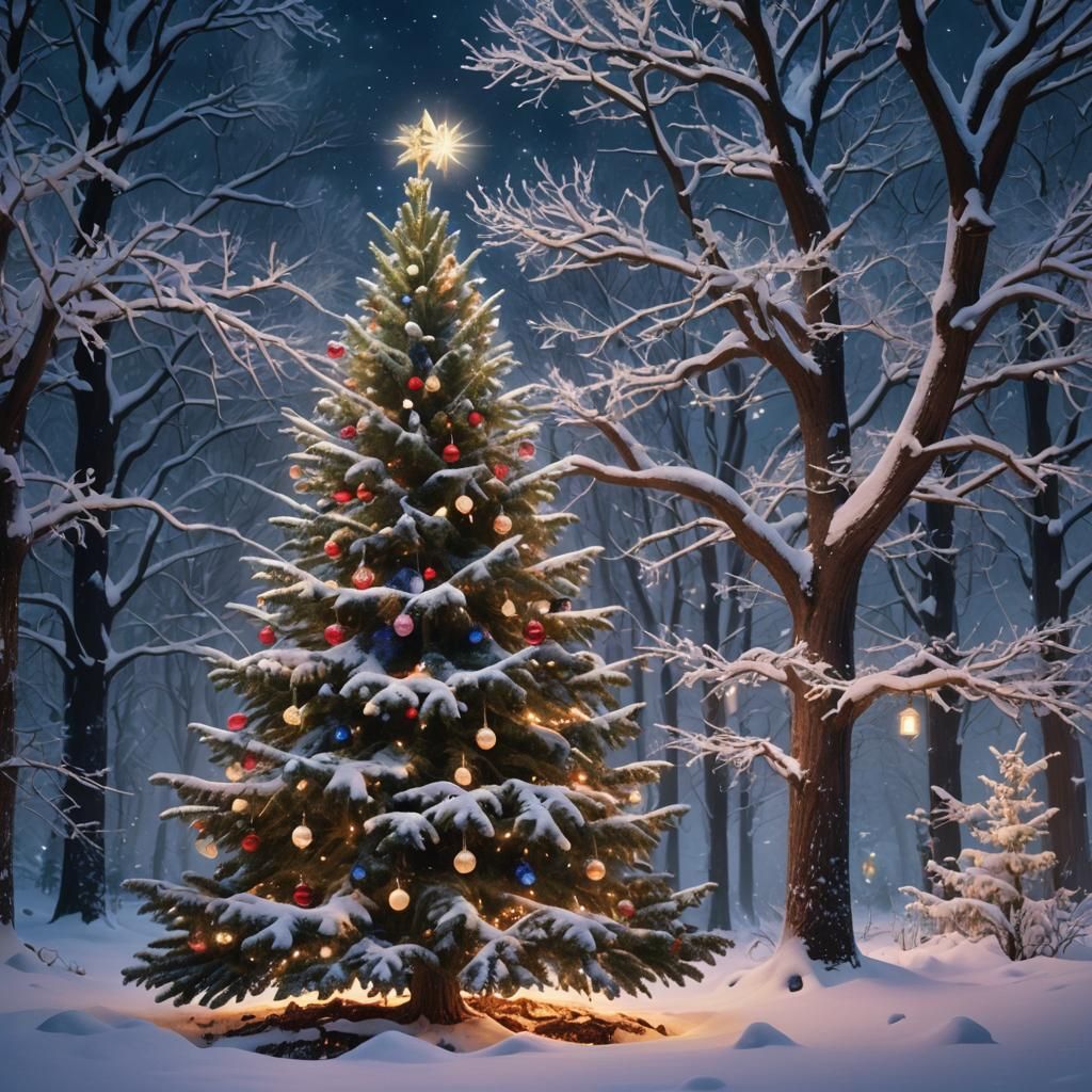 Christmas Tree in Winter Forest, Digital Matte Painting