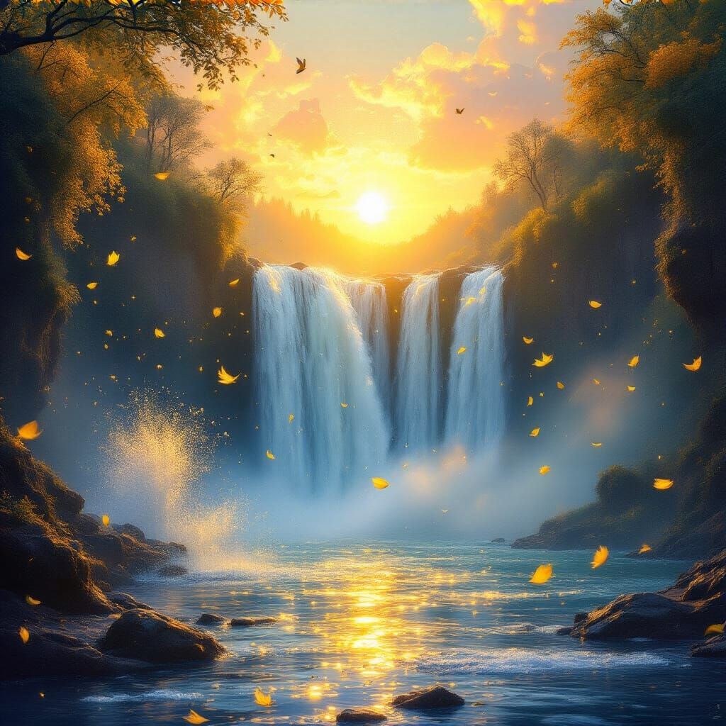 Majestic Waterfall Sunrise with Golden Pollen