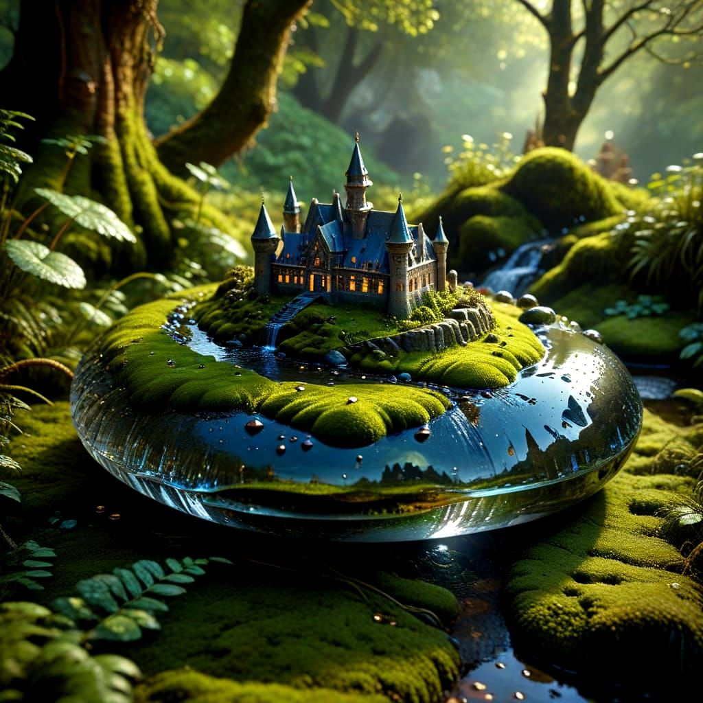 Hematite Stone Castle on Moss, Photorealistic Style