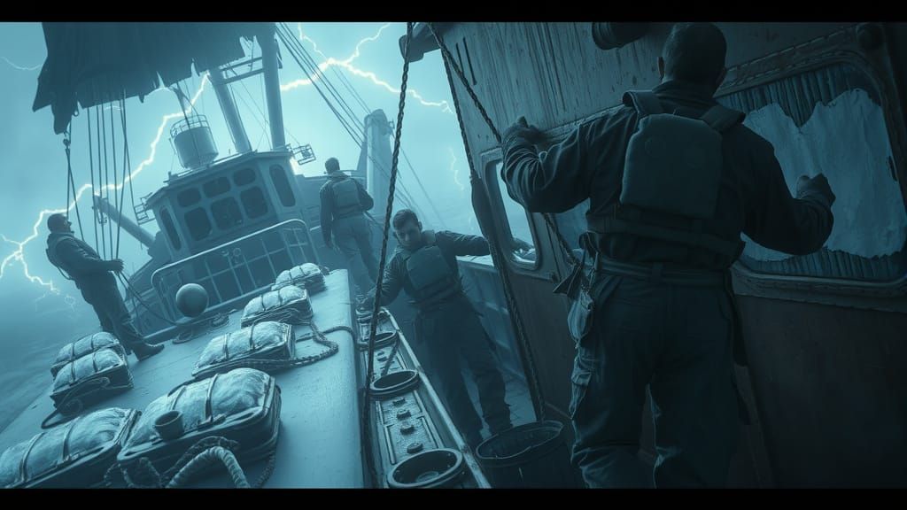 Trawler Crew Versus Colossal Storm: Gritty Pencil Art