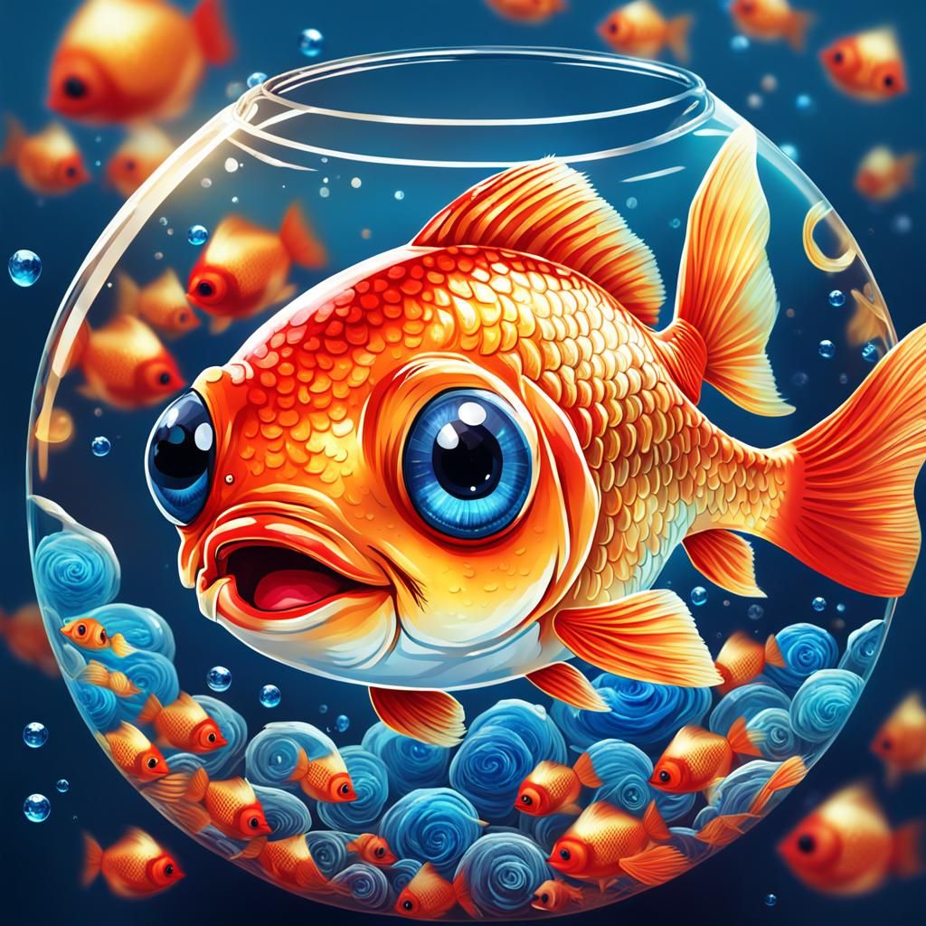 Smiling Goldfish in Bowl: Whimsical Digital Art