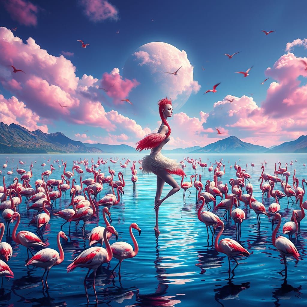 Elegant Femme-Flamingo Hybrid Reigns Over Vibrant Lake Scene