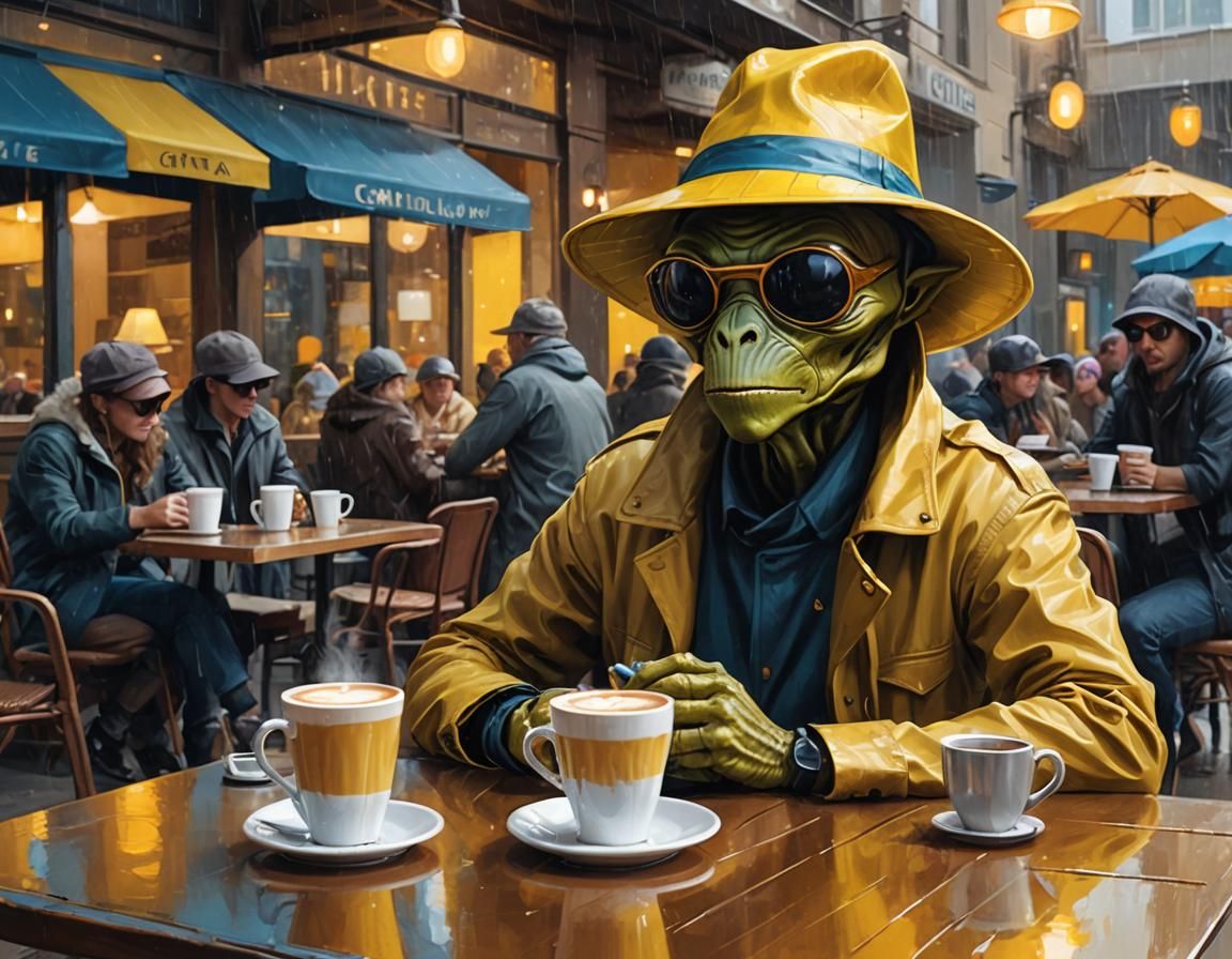 Alien Sipping Coffee in Cafe: Digital Elvgren Style