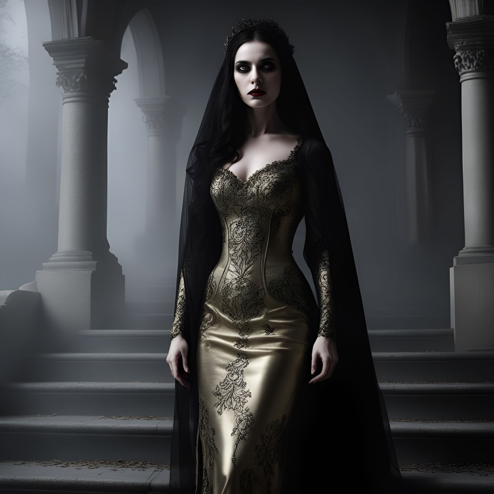 Vampire in Gothic Funeral Hall with Silver Details