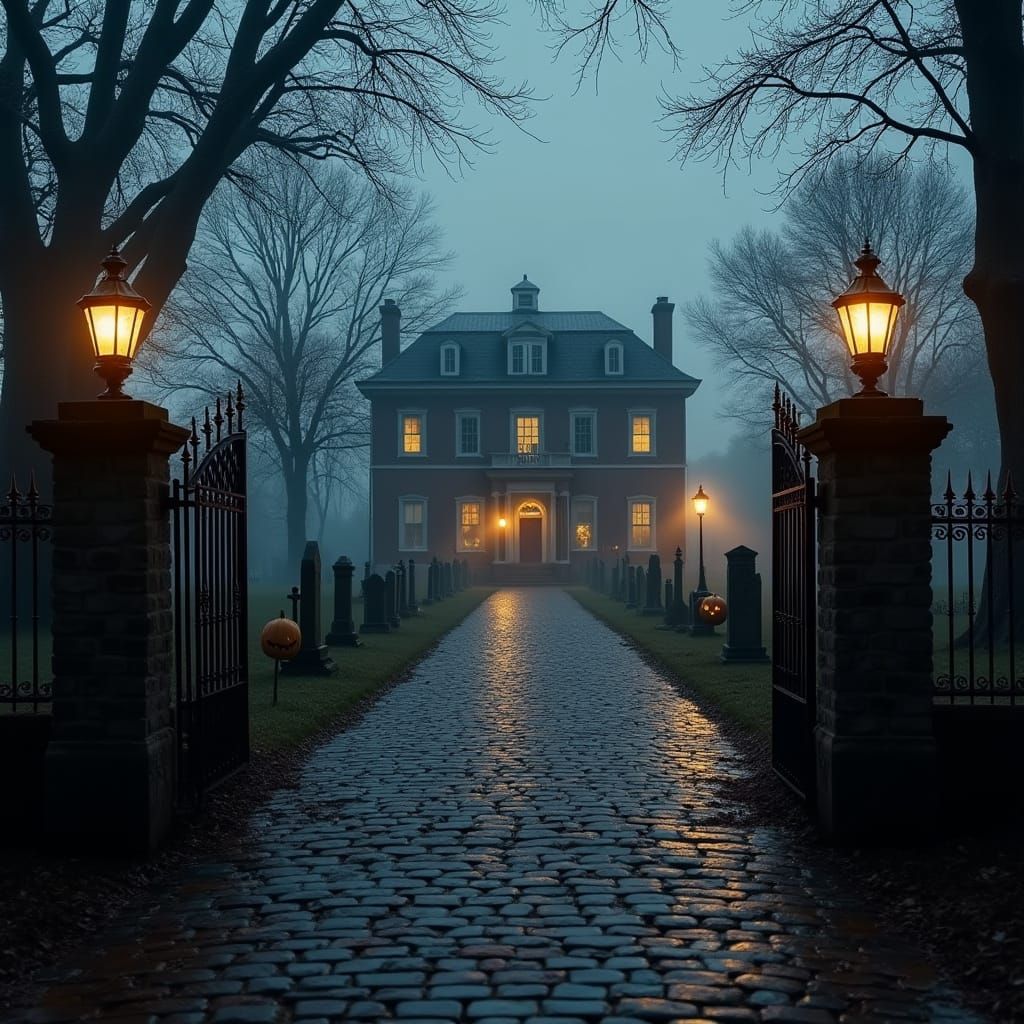 New England Mansion on Rainy Halloween Evening