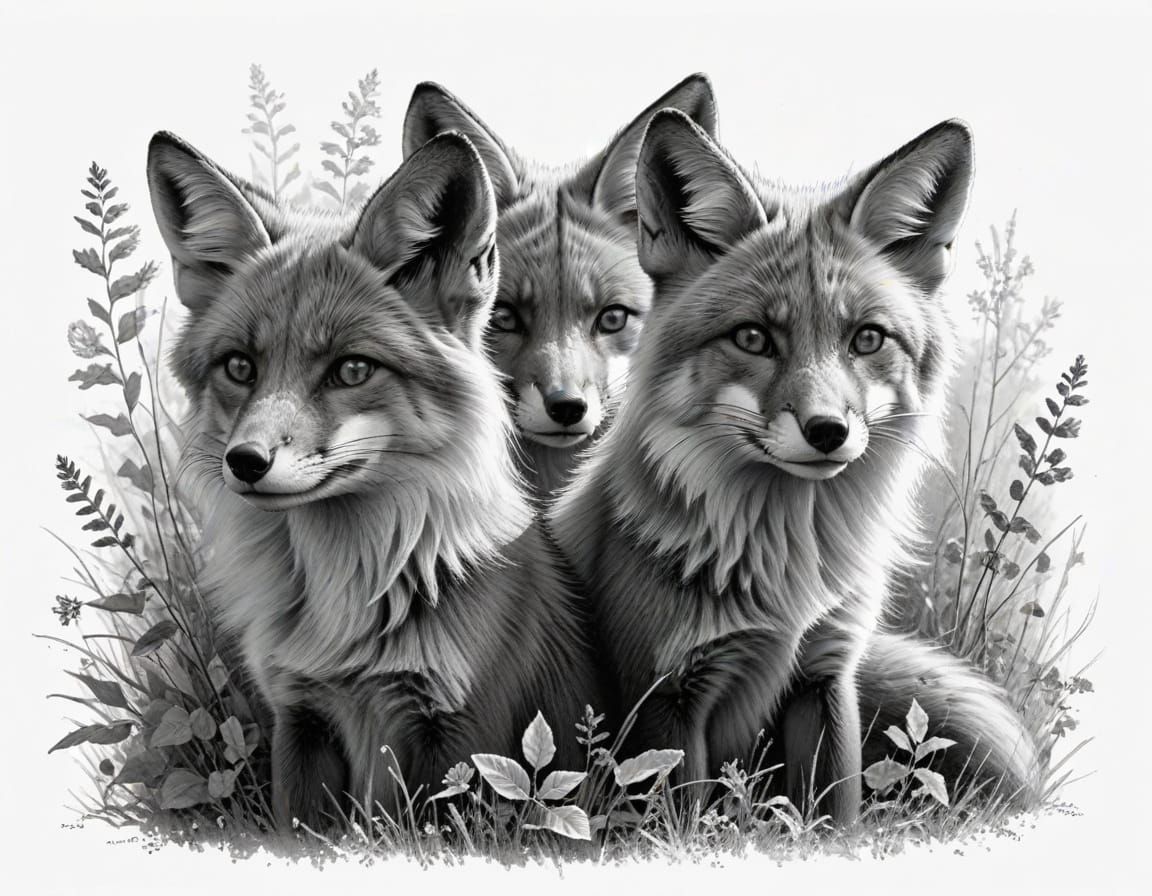 Line Art Foxes in Whimsical Landscape