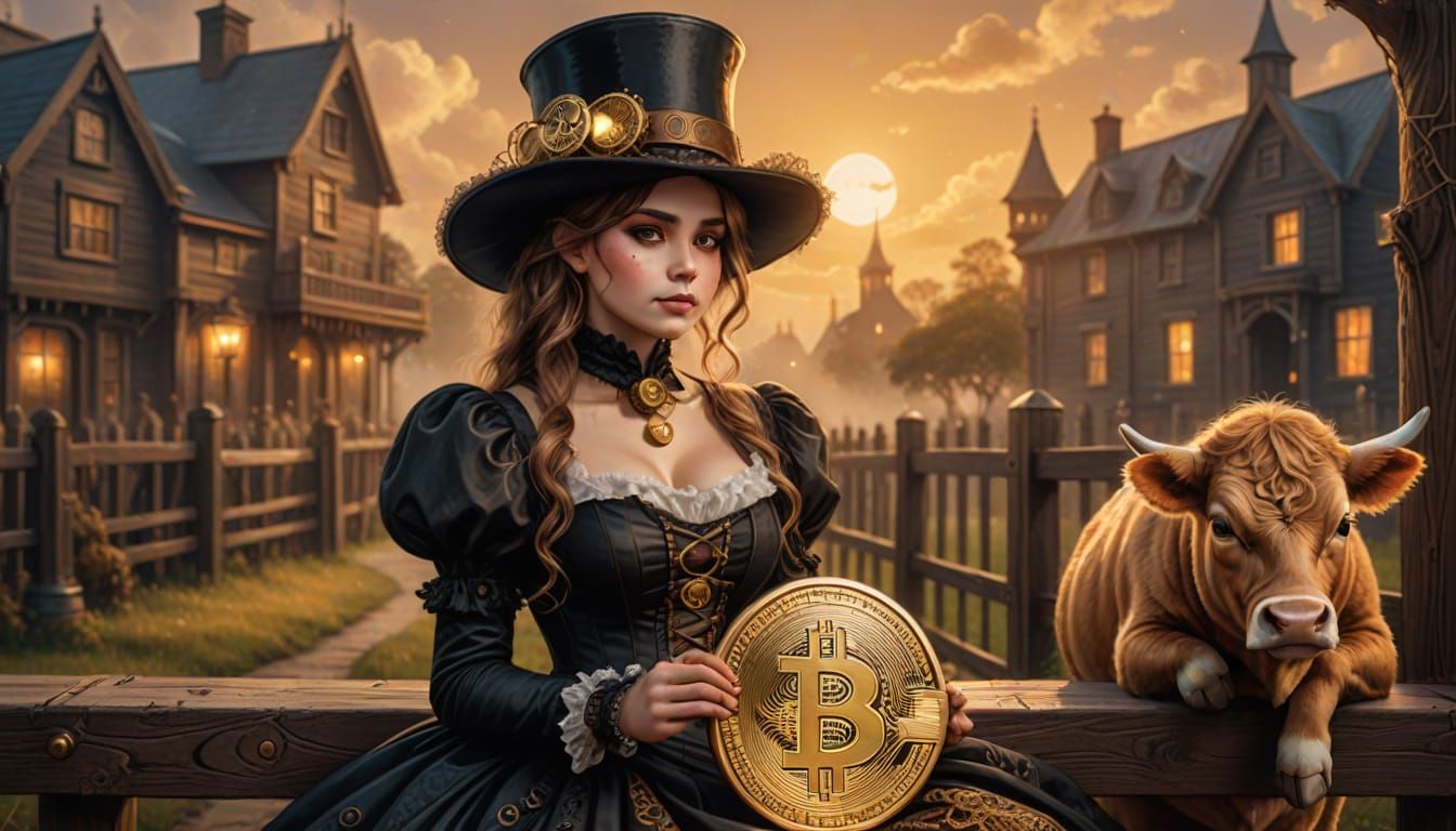 Steampunk Girl with Bitcoin and Calf Illustration