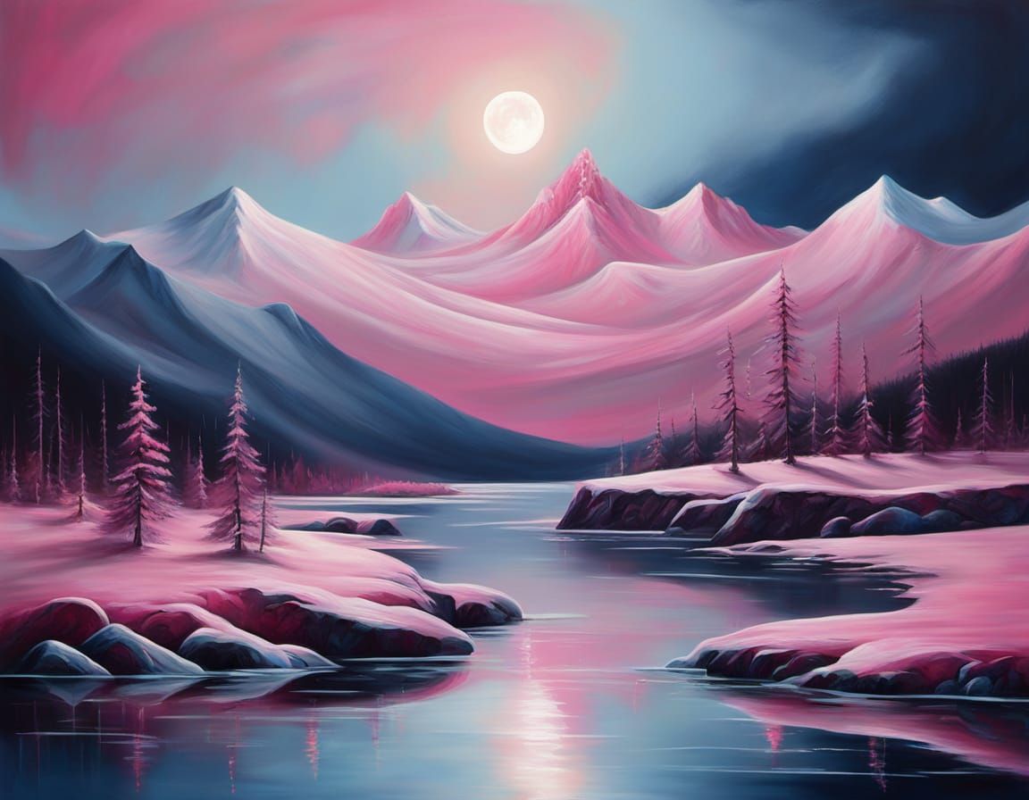 Surreal Pink Arctic Landscape in Satin Painting Style