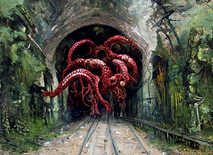 Lovecraftian Horror: Tentacles Emerge from Railway Tunnel
