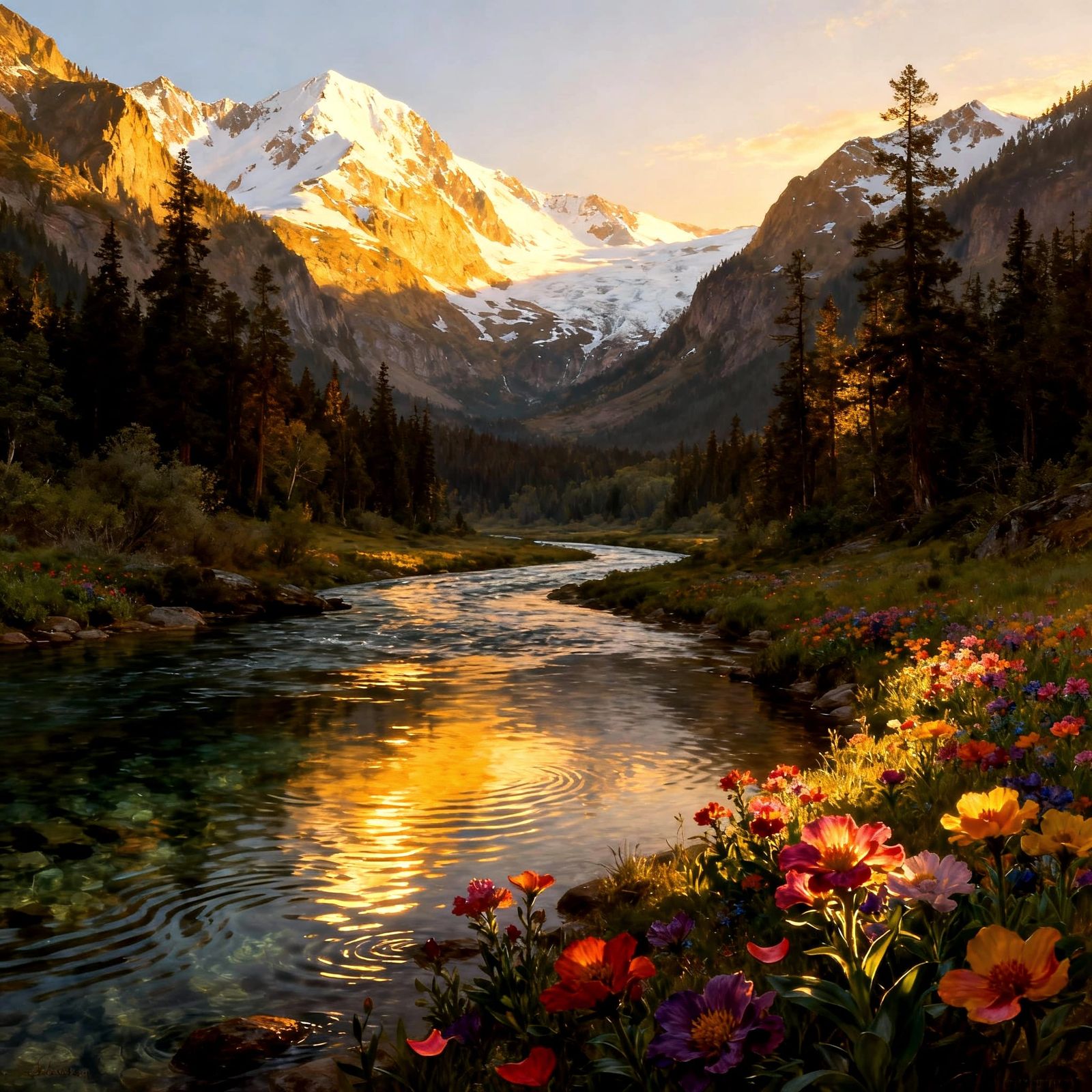 Golden Dawn Valley Landscape Painting