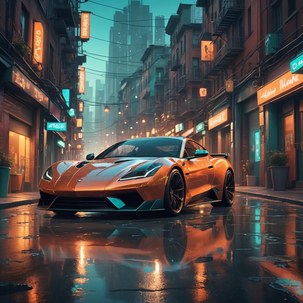Sleek Sports Car in Neon Alleyway: Low-Poly Digital Art