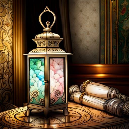 Antique Lantern with Floral Stand in Fractal Art Style