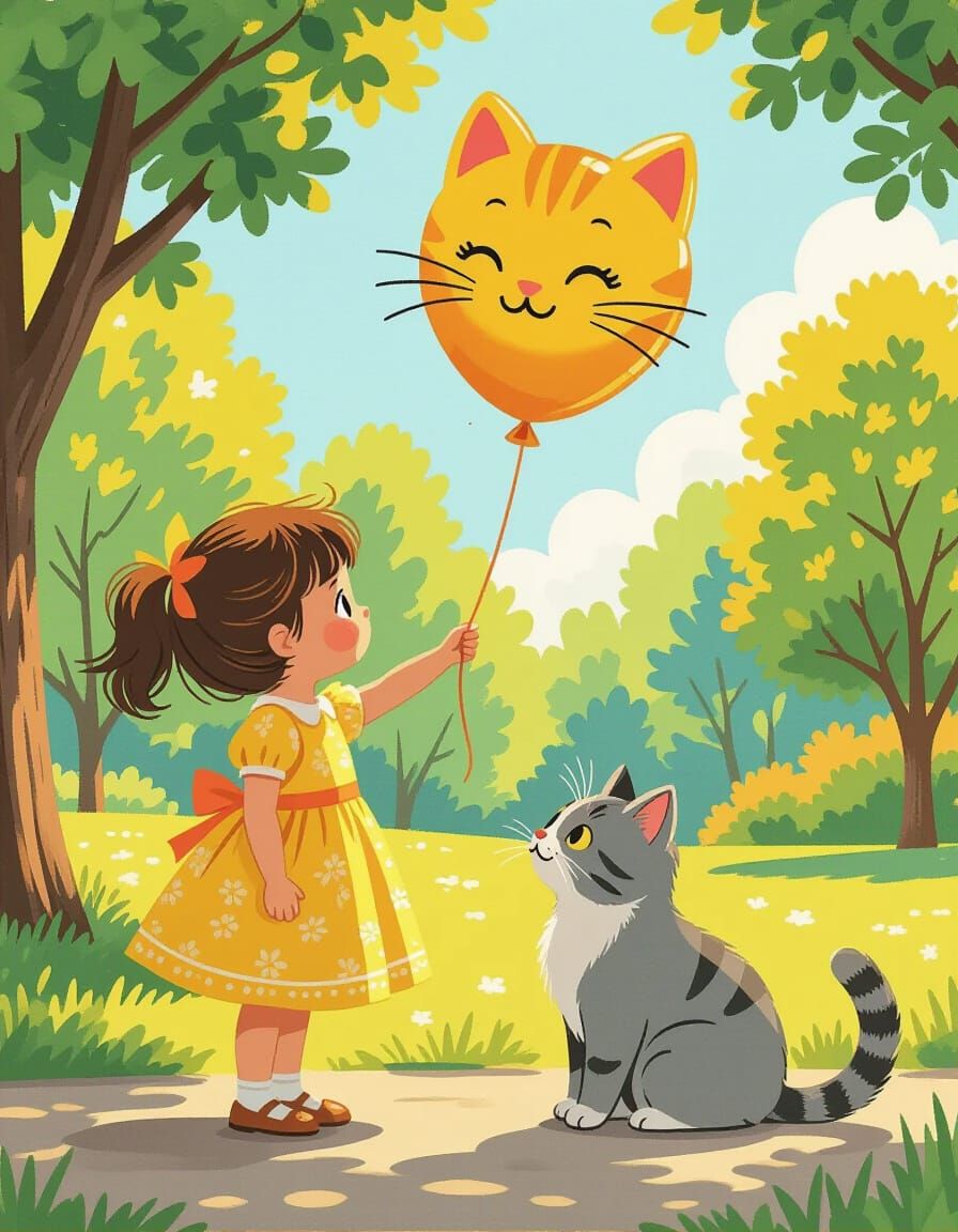 Girl with Cat Balloon in Beatrix Potter Style