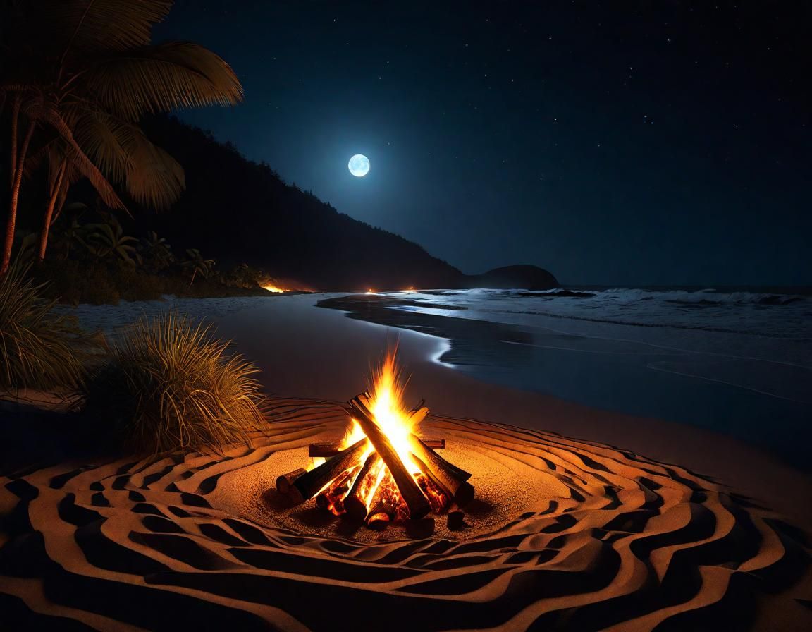 Midnight Beach Scene with Campfires and Volumetric Lighting