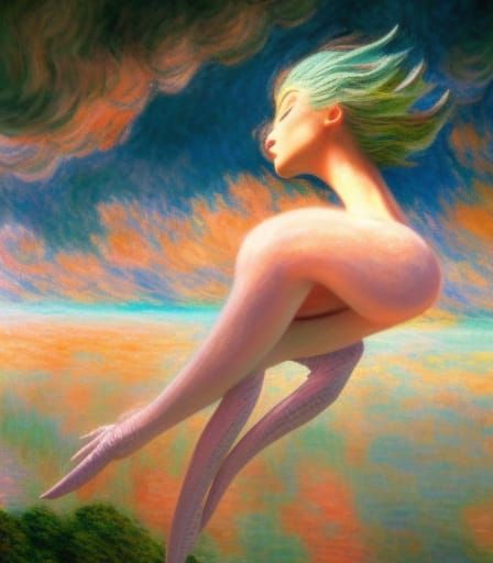 Epic Lizard Woman Floating on Pastel Clouds