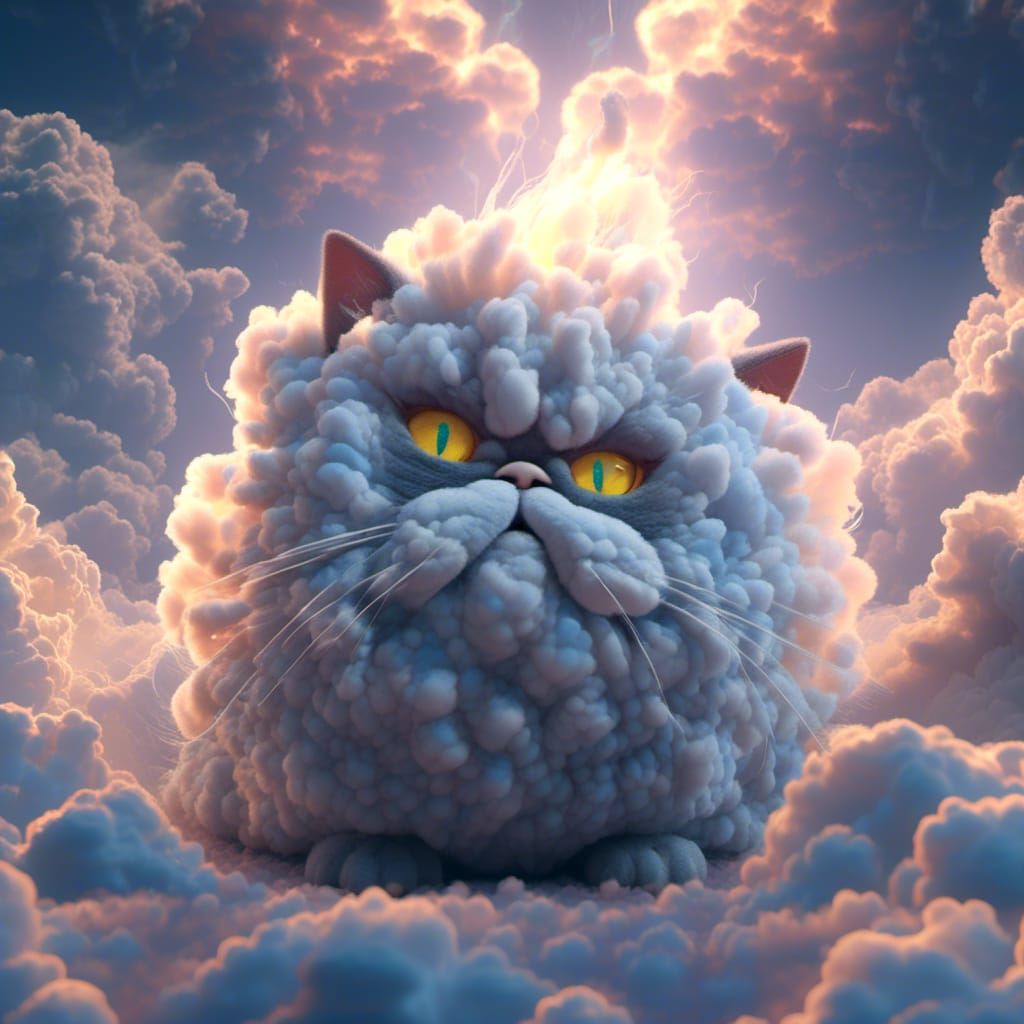fluffy smoke cloud charging <lora:Cloud Animals:1.0>Grumpy Fat Cat; lighning storm background warp