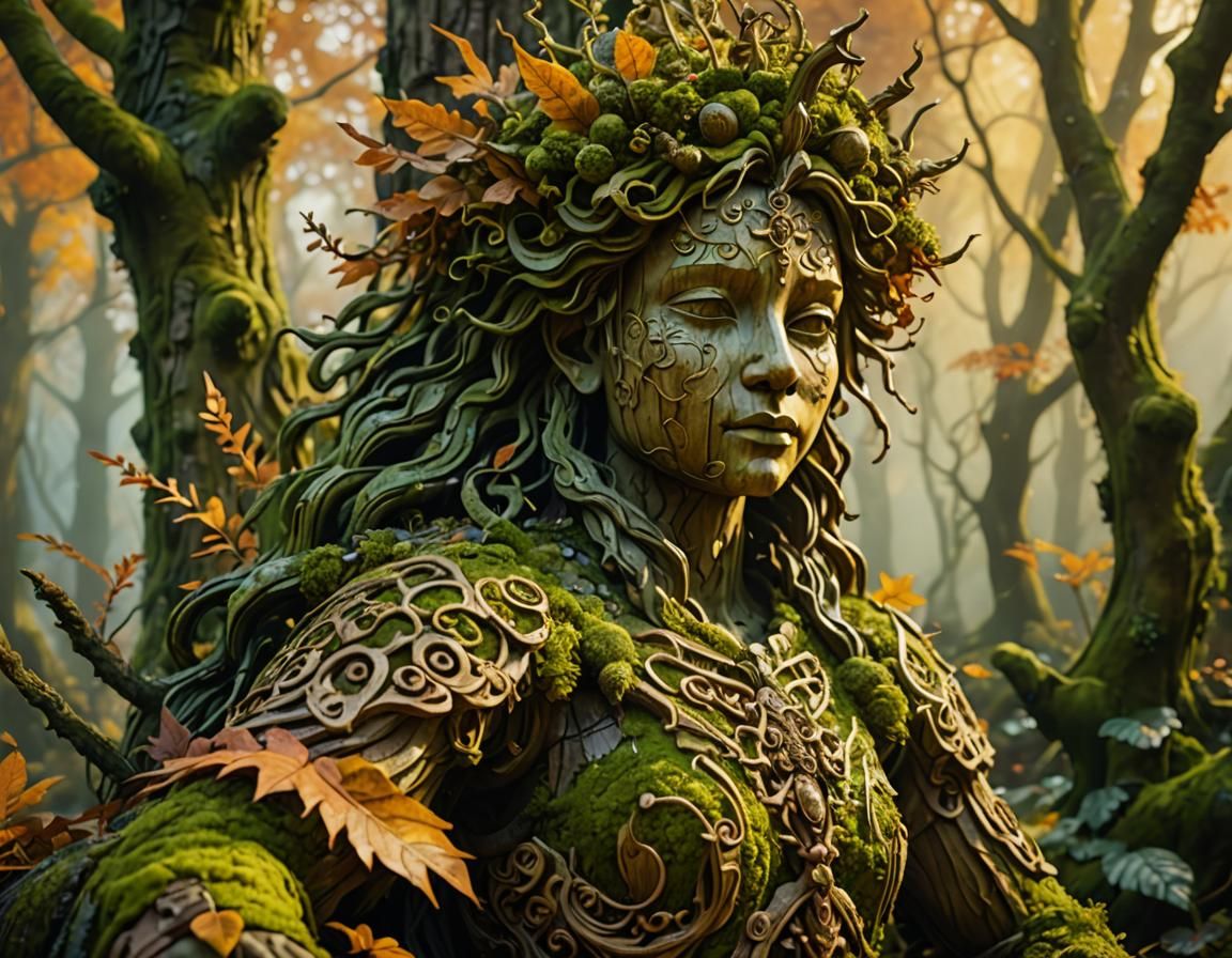 Autumnal Garden with Mossy Sculpture in Fantasy Style