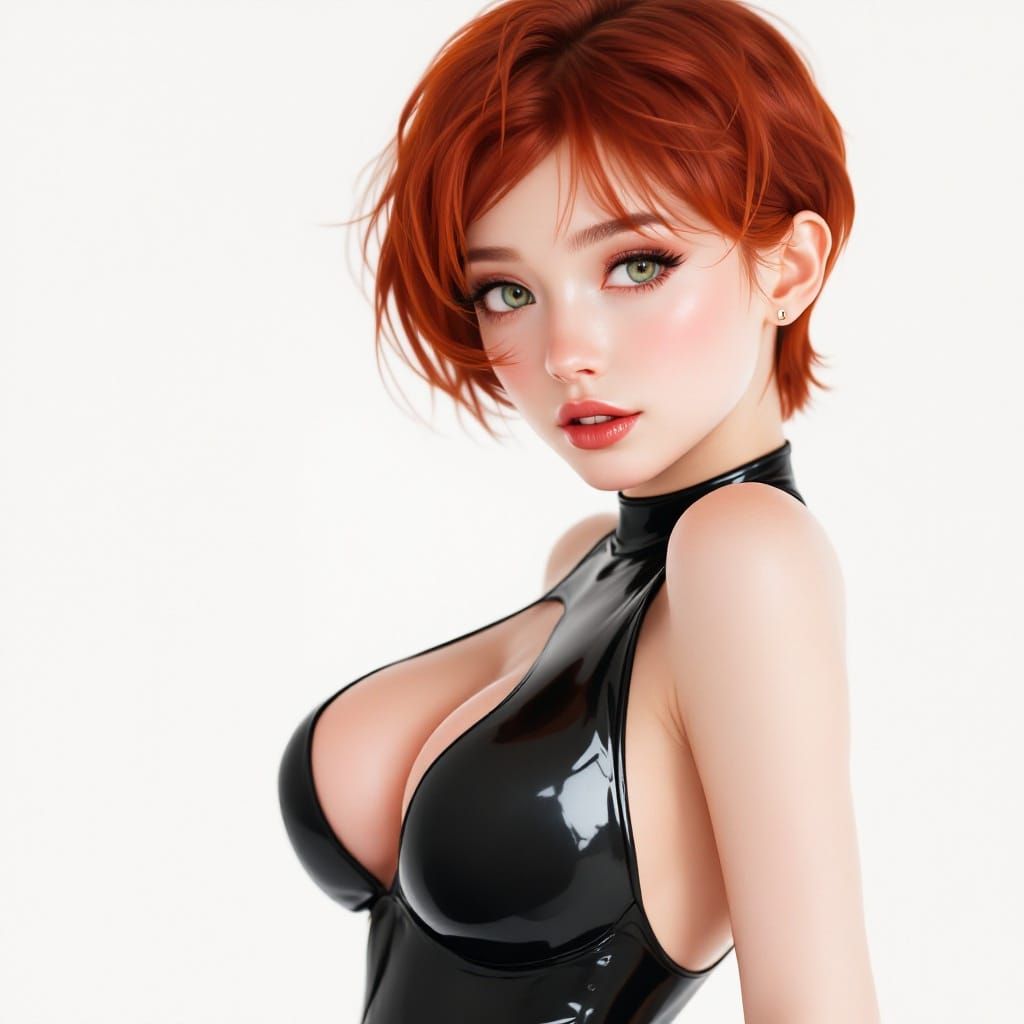 woman, 36 years old, short red hair, perfect hands, perfect fingers, perfect body, wearing tight vinyl split side mini d...