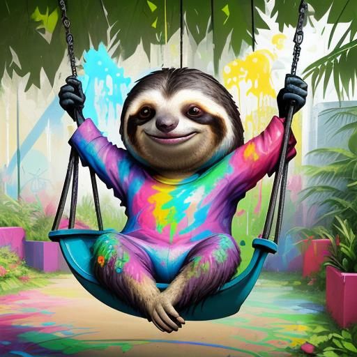 Colorful Sloth on Garden Swing in Graffiti Art