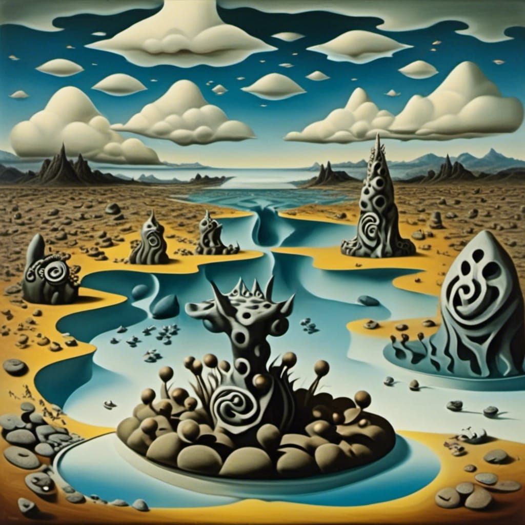 Surreal Landscape with Elastic Flora and Metallic Sky