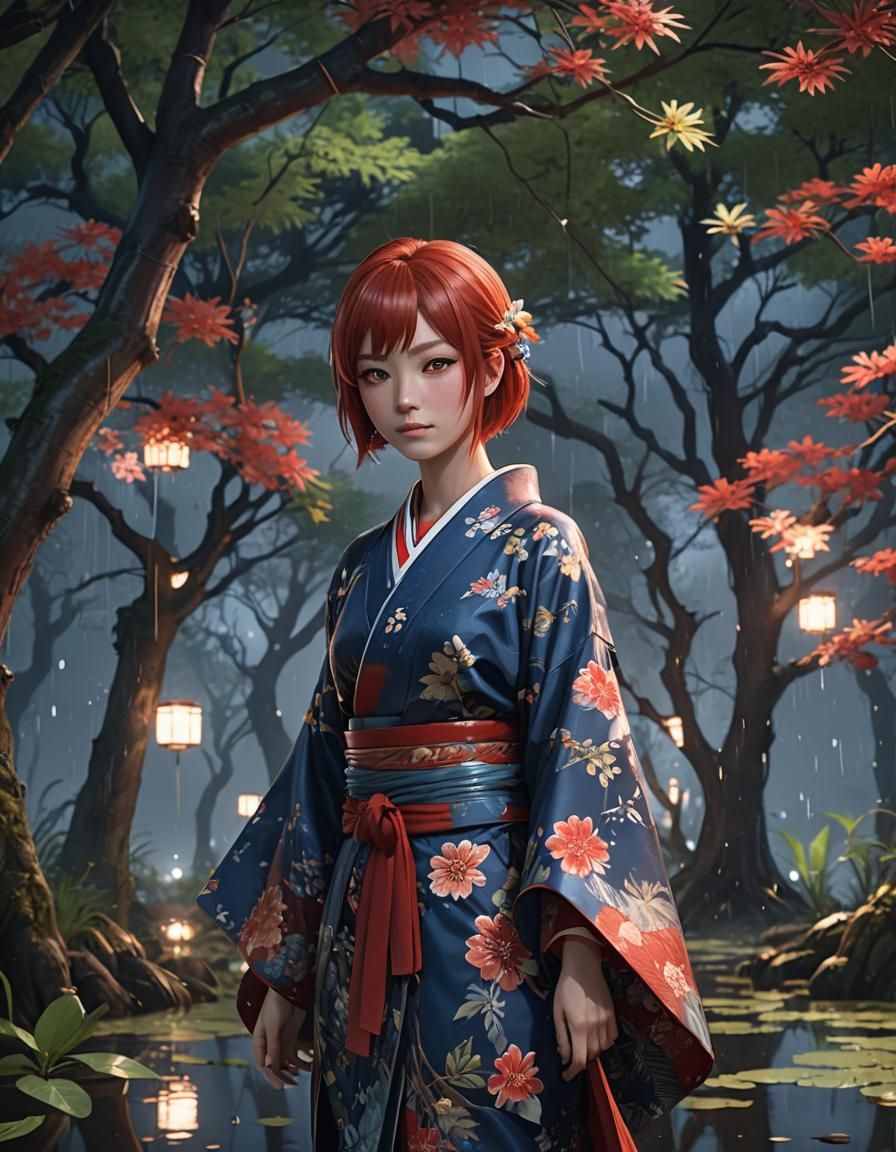 Anime Woman in Kimono in Rainy Swamp