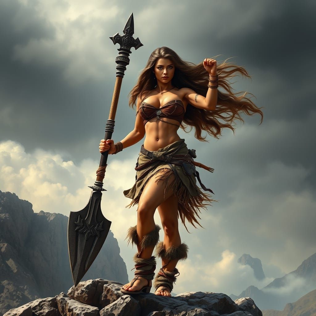 Prehistoric Woman Warrior on Stormy Cliff