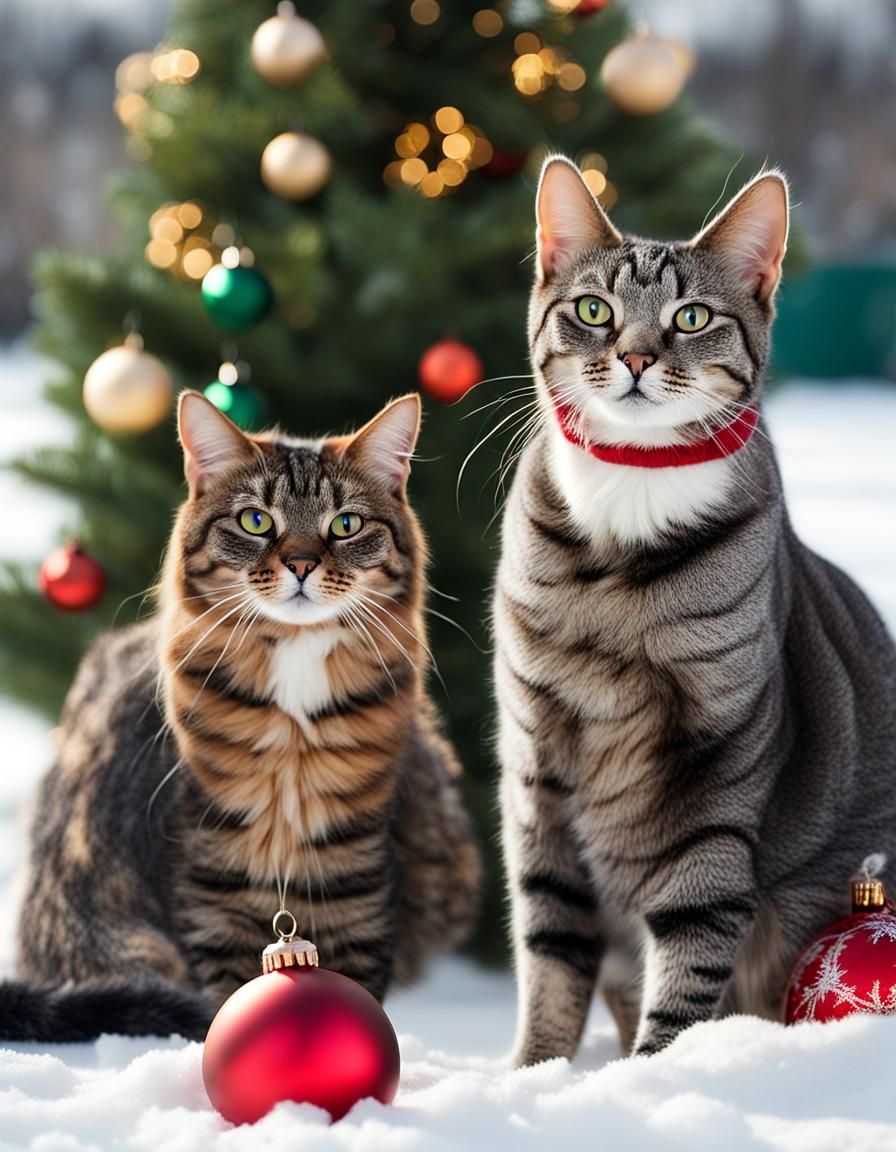 Cats by Christmas Tree in Snowy Scene