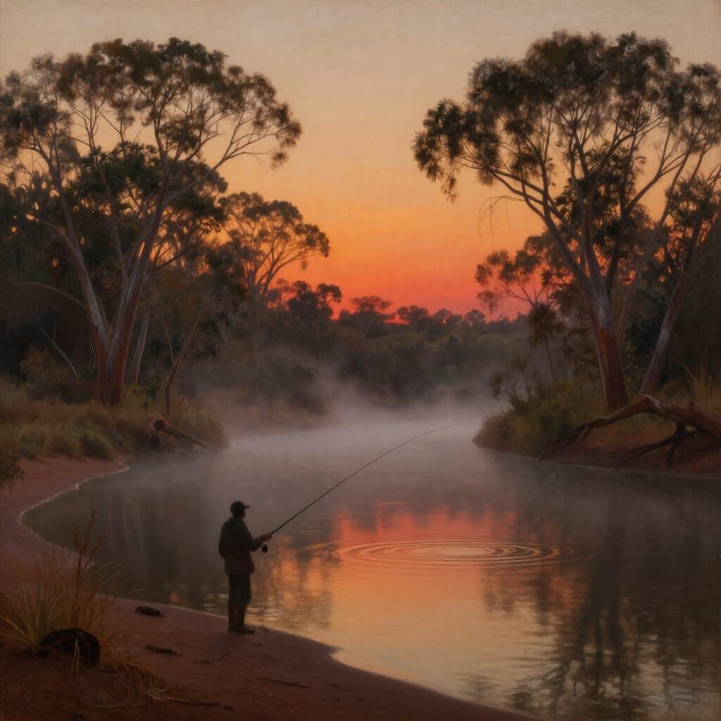 Misty River Sunrise: Lone Fisherman in Australian Landscape
