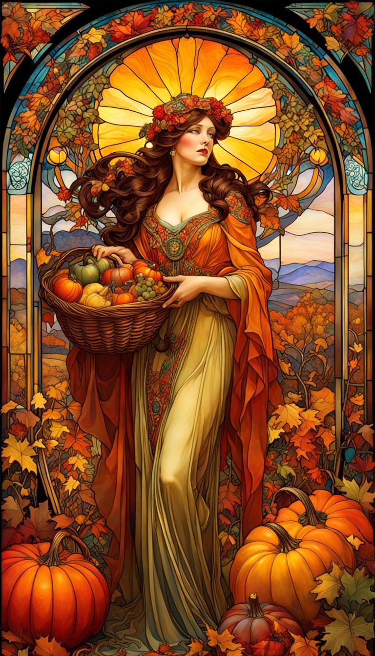 Bountiful Harvest Lady in Art Nouveau Style