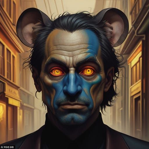 Surreal Man Faces Mouse in Oil Painting