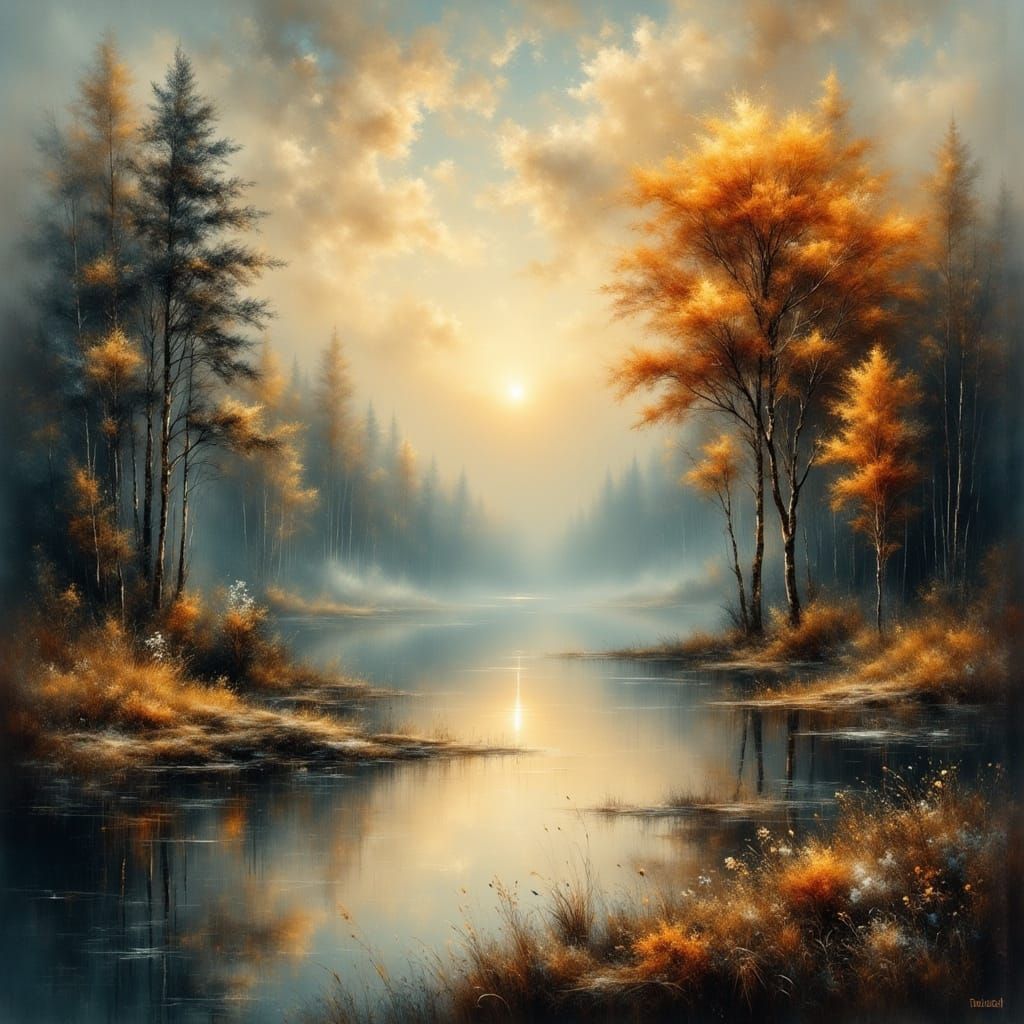 Misty Japanese Lake Landscape in Impressionist Style