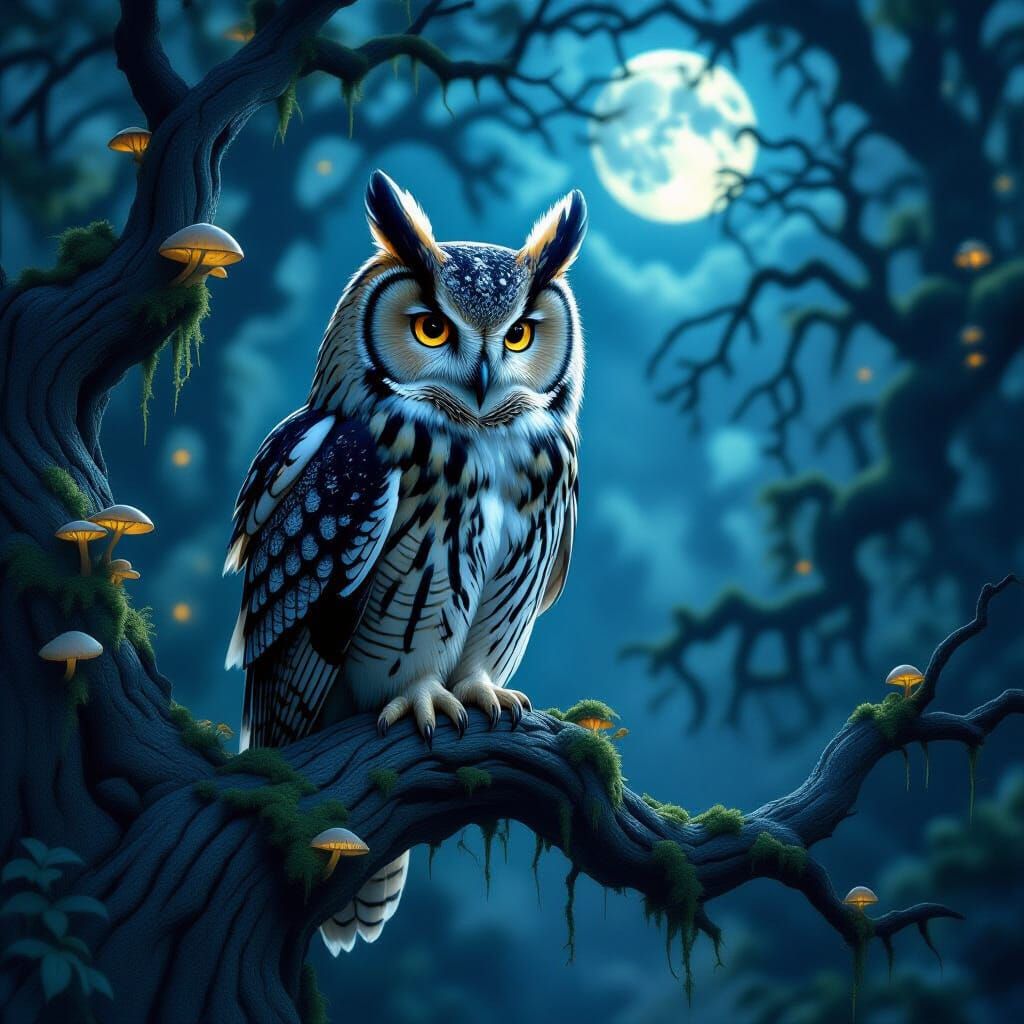 Majestic Owl Mimicking Tree Bark in Enchanted Forest