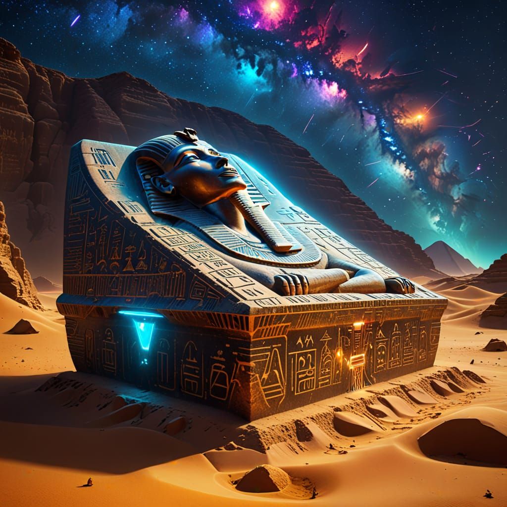 Egyptian Sarcophagus in Cosmic Desert Landscape