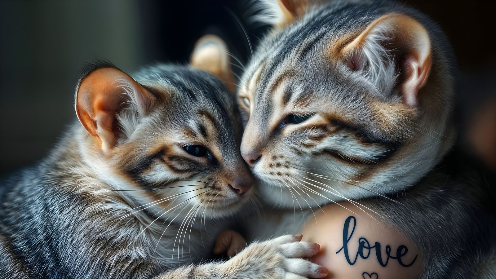 Mouse and Cat with Love Tattoos, Realistic Photo
