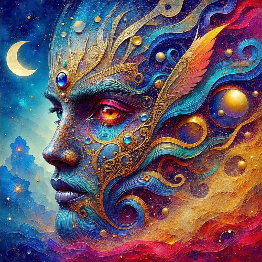 Horus in Dreamlike Atmosphere, with Swirling Clouds and Glow...