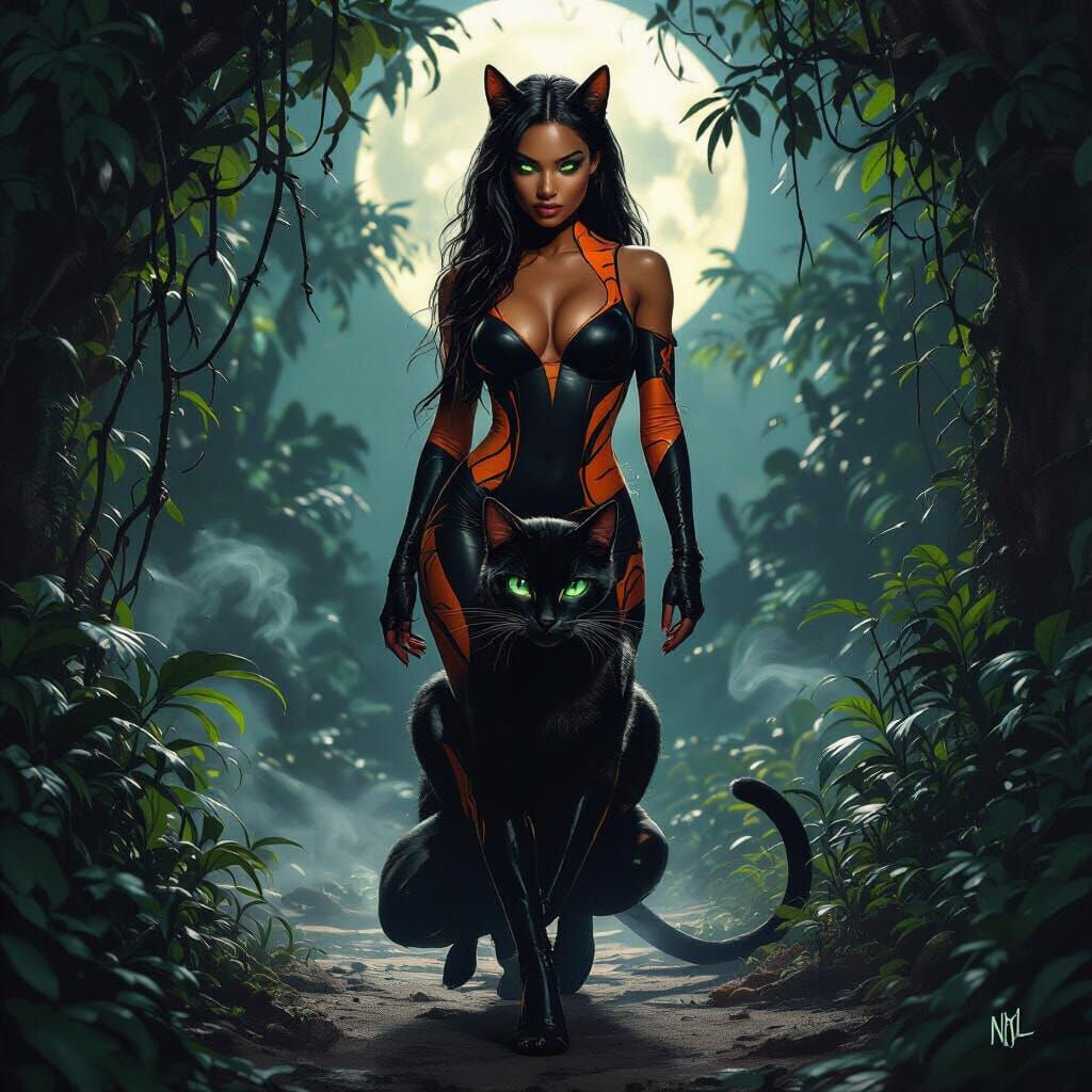 Black Woman in Orange Catsuit, Bioluminescent Jungle