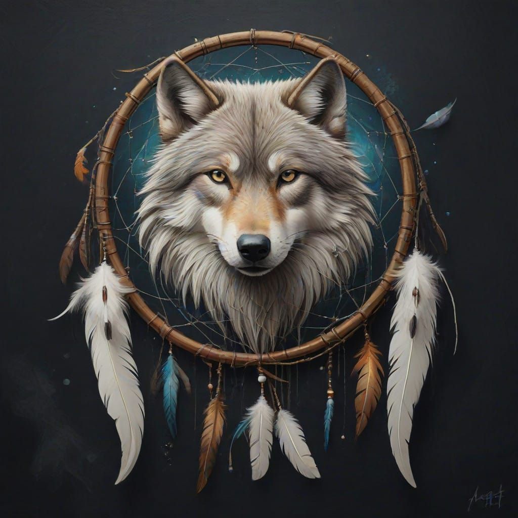 Visions of Unity: Wolves Amidst Whirling Dreamcatcher Feathe...