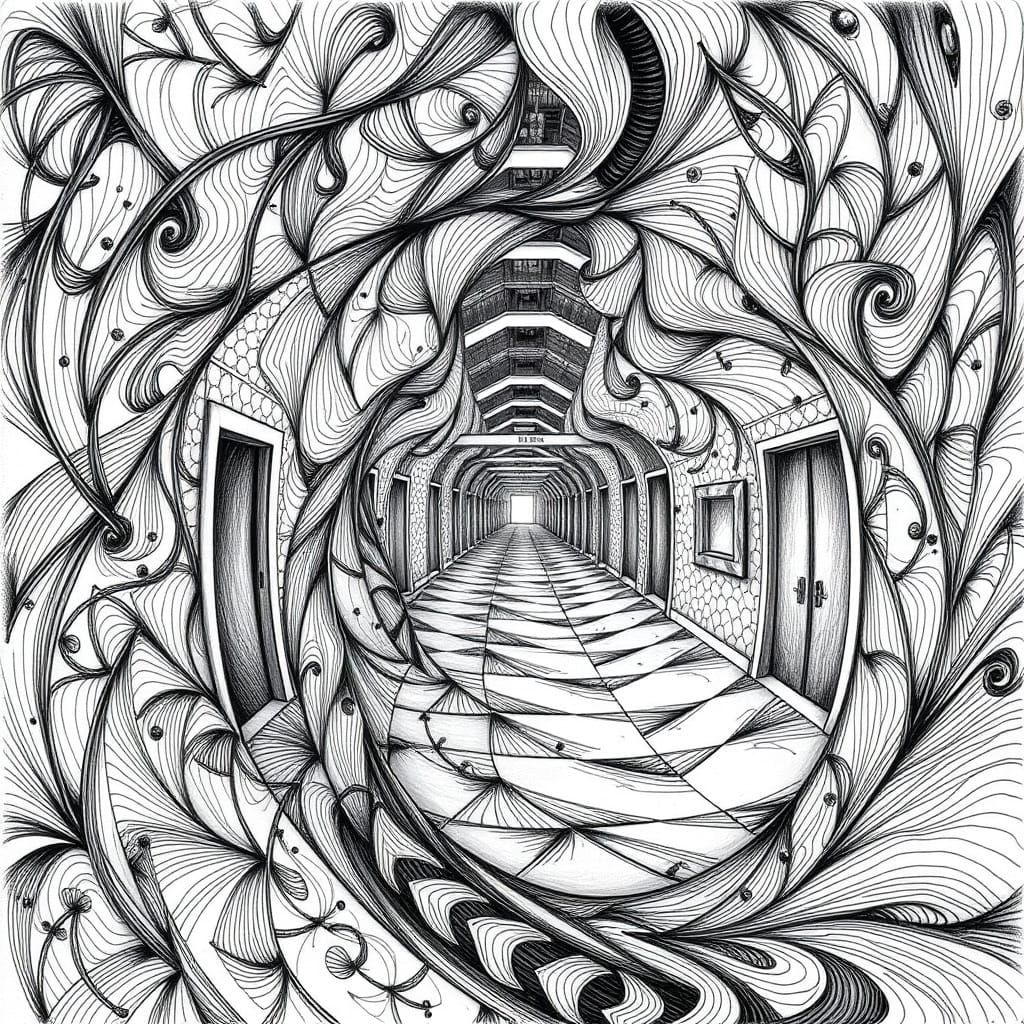 Surreal Corridor Maze in Psychedelic Pencil Drawing Style
