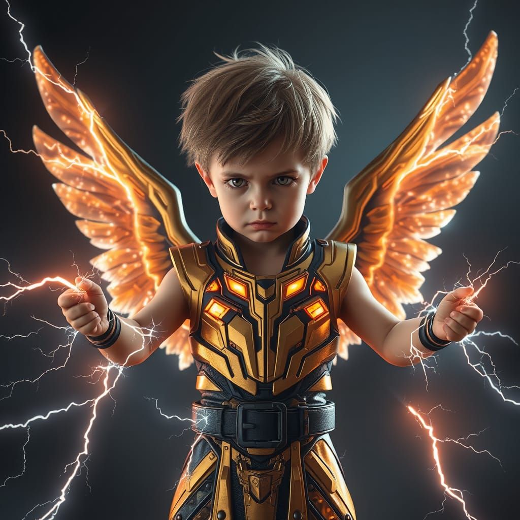 Cyberpunk Cherub Summons Energy Bolts in Frenzied Aura