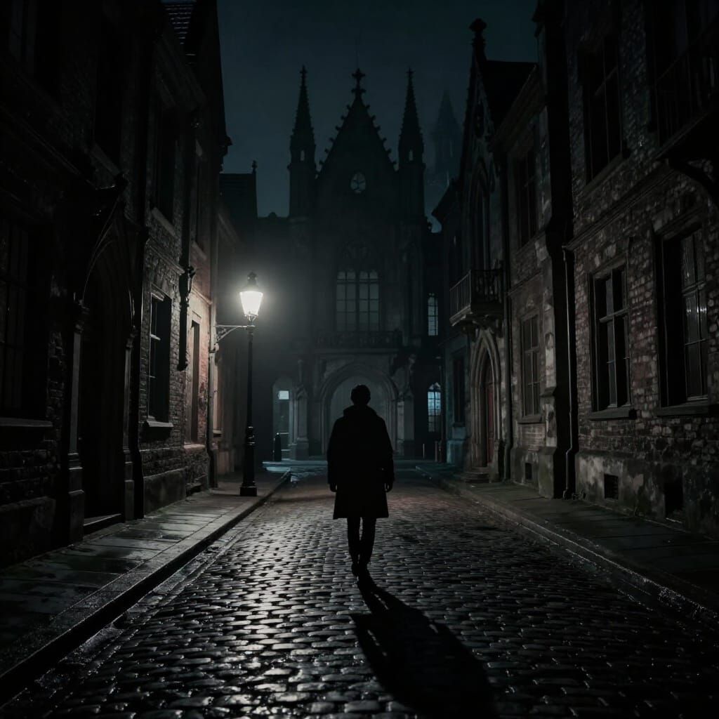 Solitary Figure on a Dimly Lit Cobblestone Street