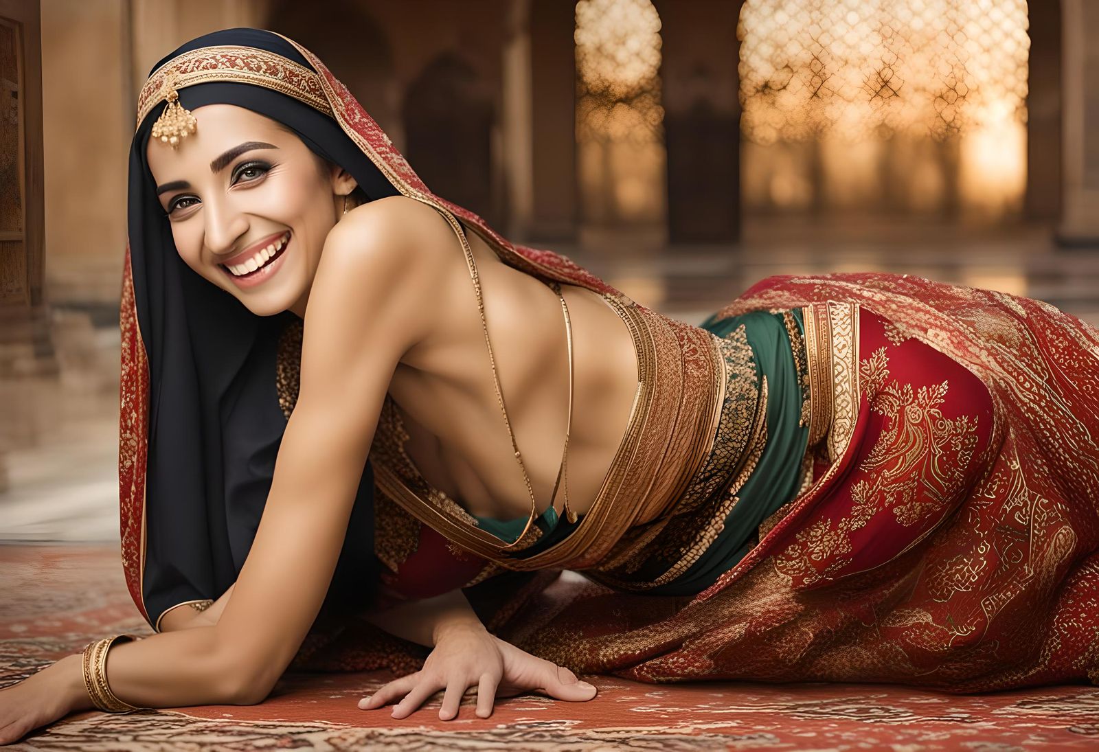 Joyful Arabian Woman Stretching Out, Smiling