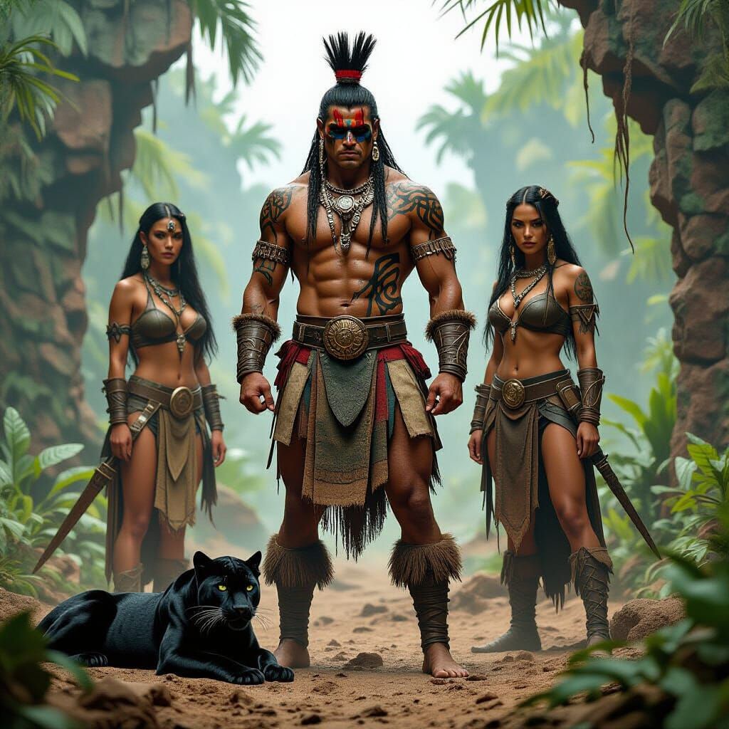 Aztec Warrior and Women in Mythical Jungle
