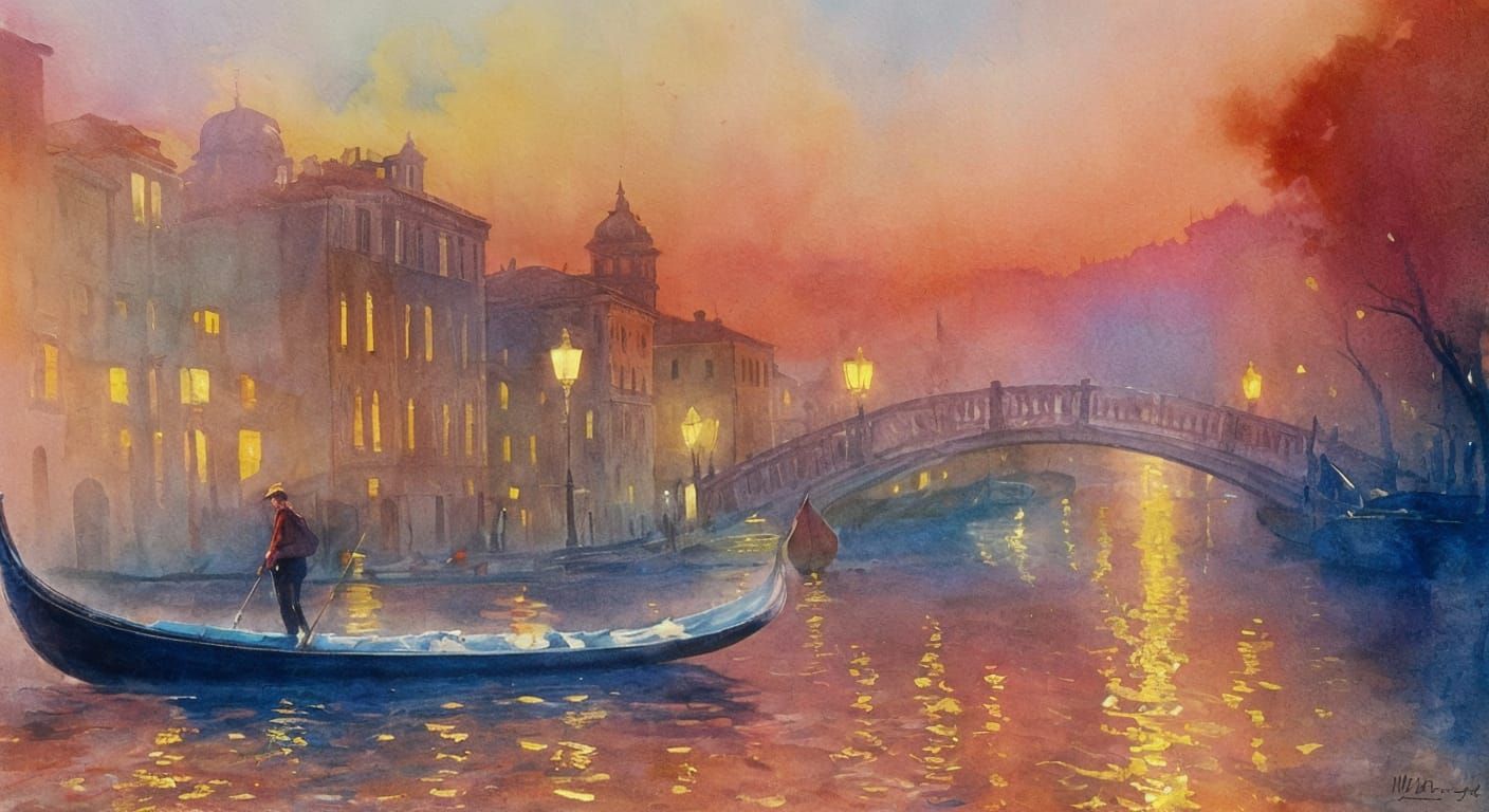 Venice Gondola at Dusk: Impressionist Watercolor Painting
