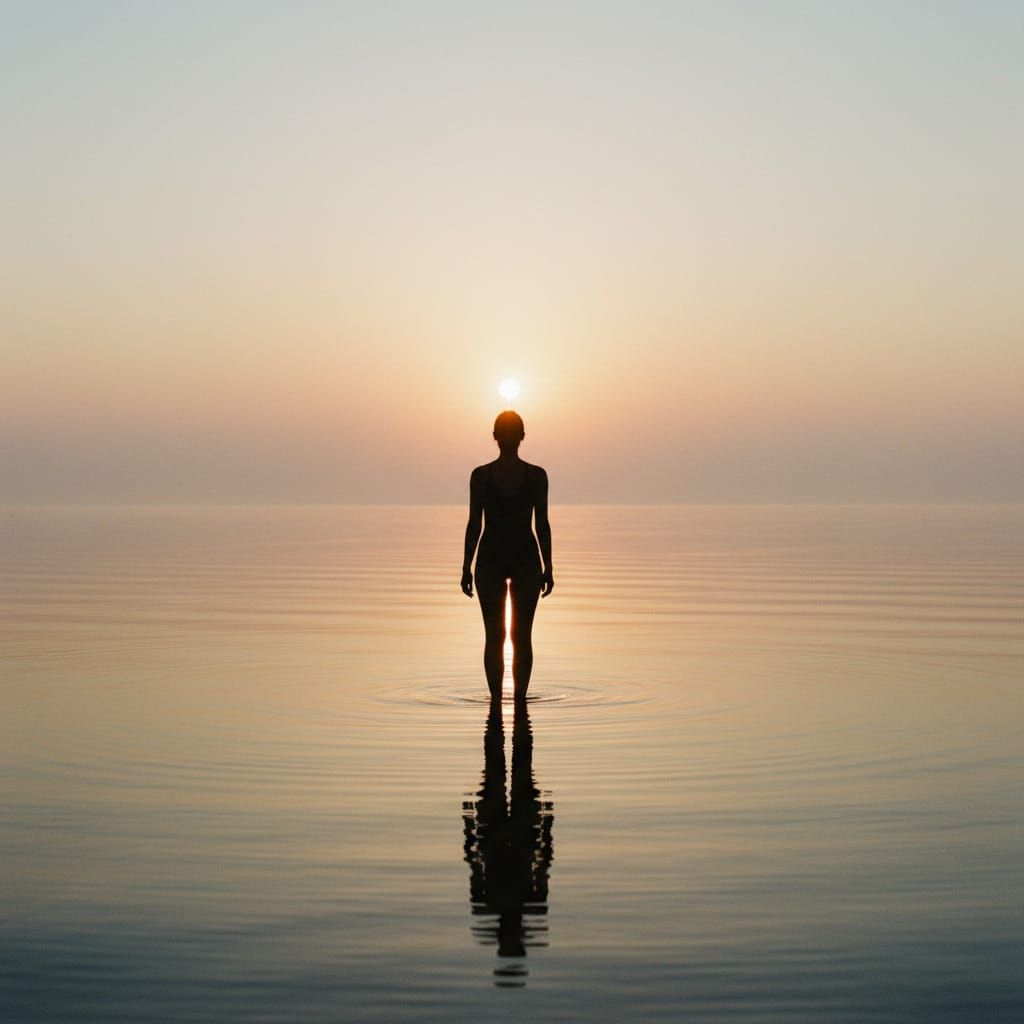 Human Silhouette at Calm Sea Sunrise