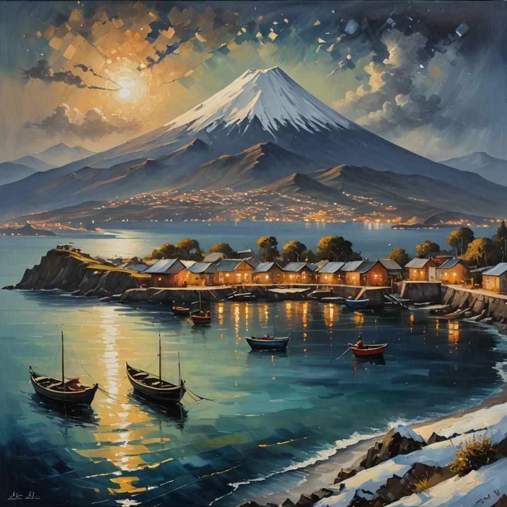 zirvesi karla kaplı yanardağ, dağın eteklerinde sakin bir deniz ve deniz kenarına yerleşmiş bir balıkçı köyü.  gece manz...