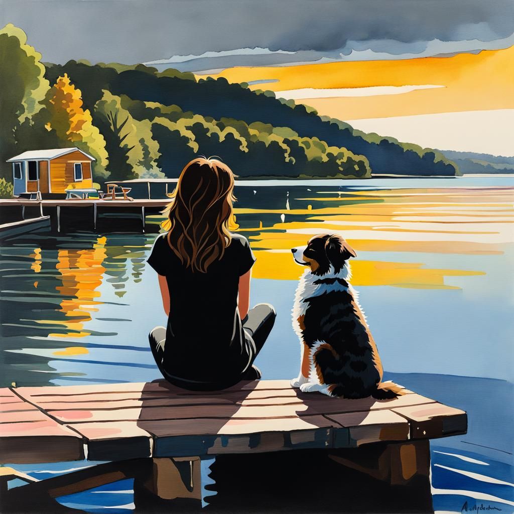 Girl and Puppy at Lake: Gouache-Style Line Art